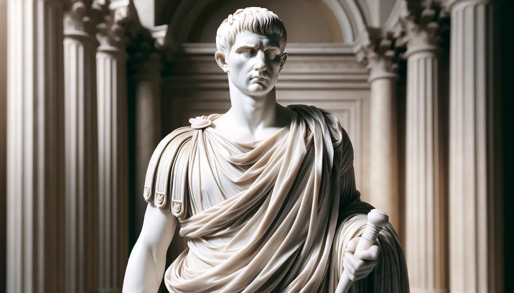 Statua in marmo bianco di figura maschile in stile romano, con toga e scroll, che richiama Giulio Cesare, su sfondo di colonne.