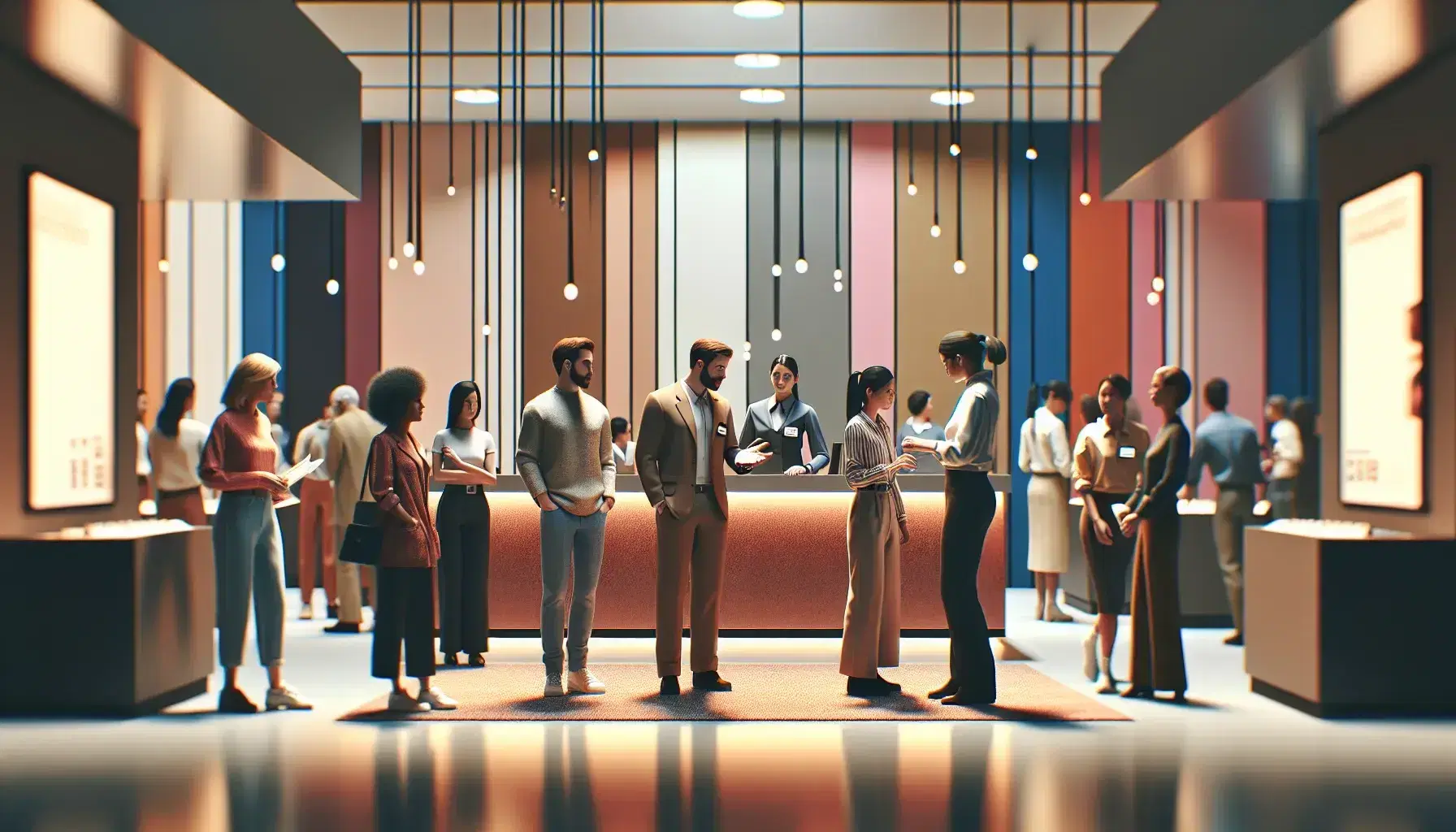 Grupo diverso de personas en espacio comercial con empleado atendiendo a cliente y otros observando productos, ambiente cálido y acogedor.