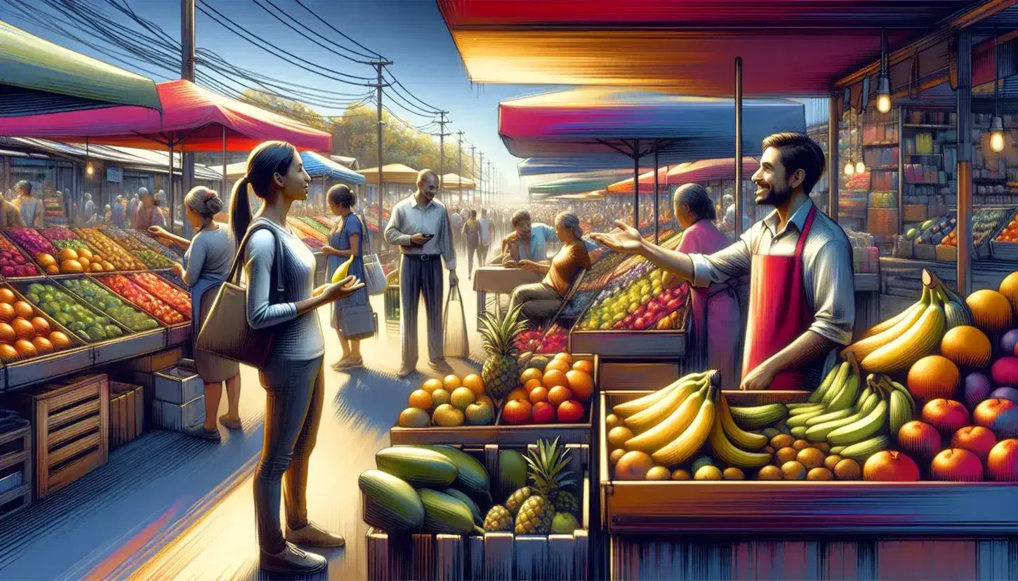 Bustling outdoor market scene with a customer gesturing at a fruit stall vendor holding a yellow banana, surrounded by colorful produce and chatting shoppers.