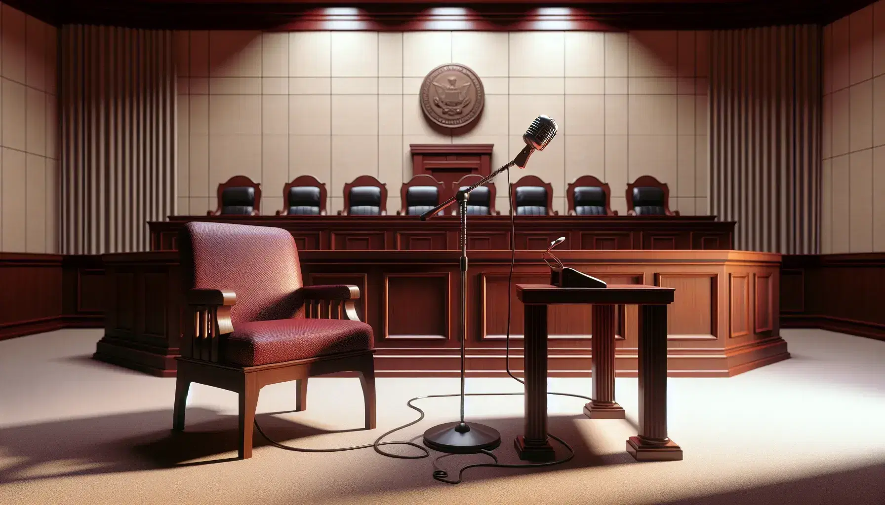 Courtroom with dark wooden witness stand and microphone, chair with red cushion and jury with empty chairs, judge's bench and blurred seal.