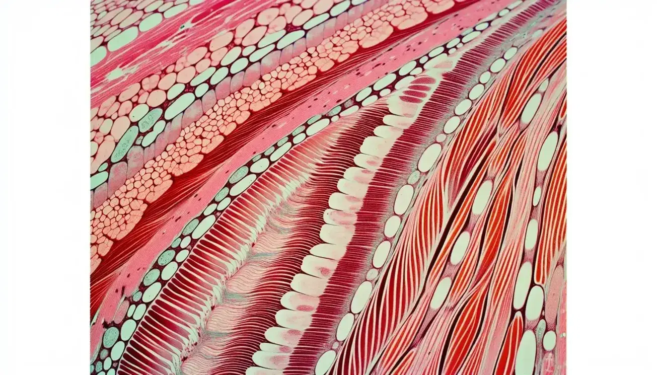 Sezione trasversale microscopica di muscolo scheletrico umano che mostra la struttura striata con bande alterne rosso chiaro e scuro.