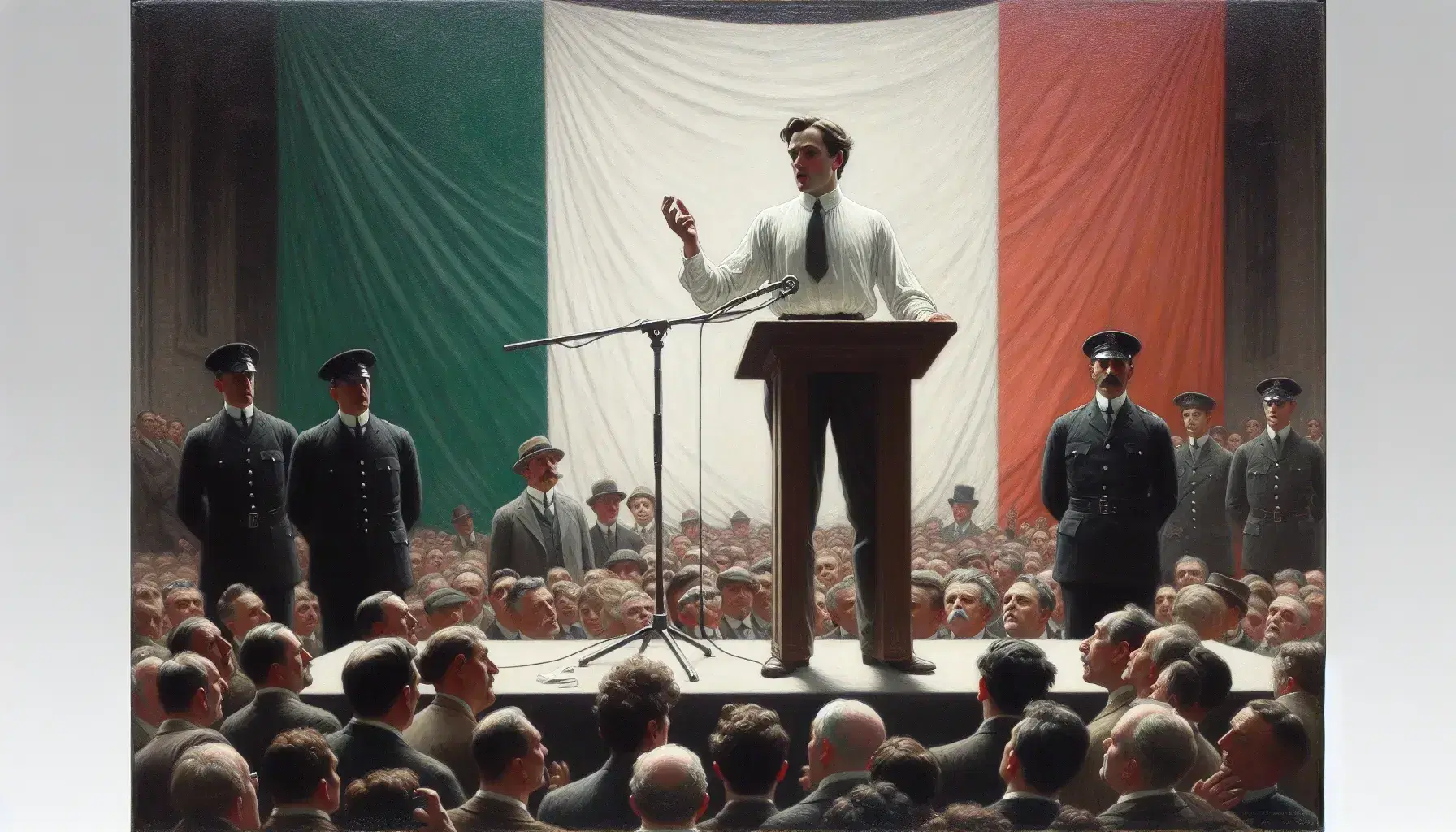 Político masculino anónimo da discurso en podio, con bandera de Italia de fondo, flanqueado por guardias y frente a multitud diversa.
