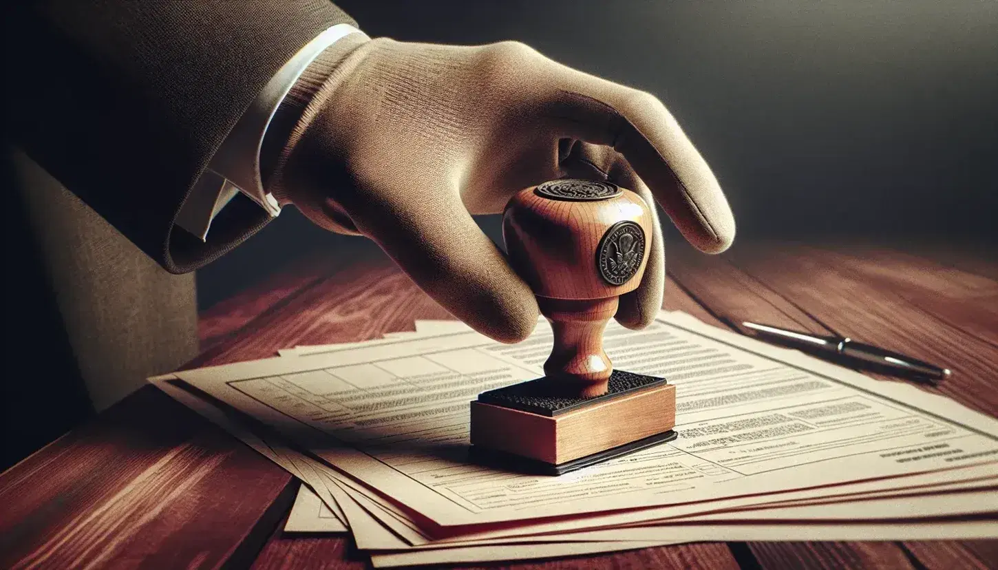 Mano con guante sosteniendo sello de goma sobre pila de documentos en mesa de madera, listos para ser sellados en ambiente profesional.