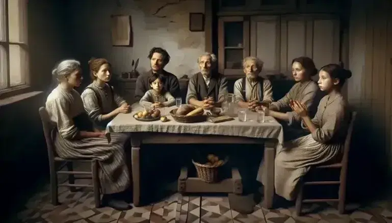 Familia de cinco personas en serio debate alrededor de mesa de madera con libros, cesta de alimentos y vasos de agua, en habitación con luz tenue.