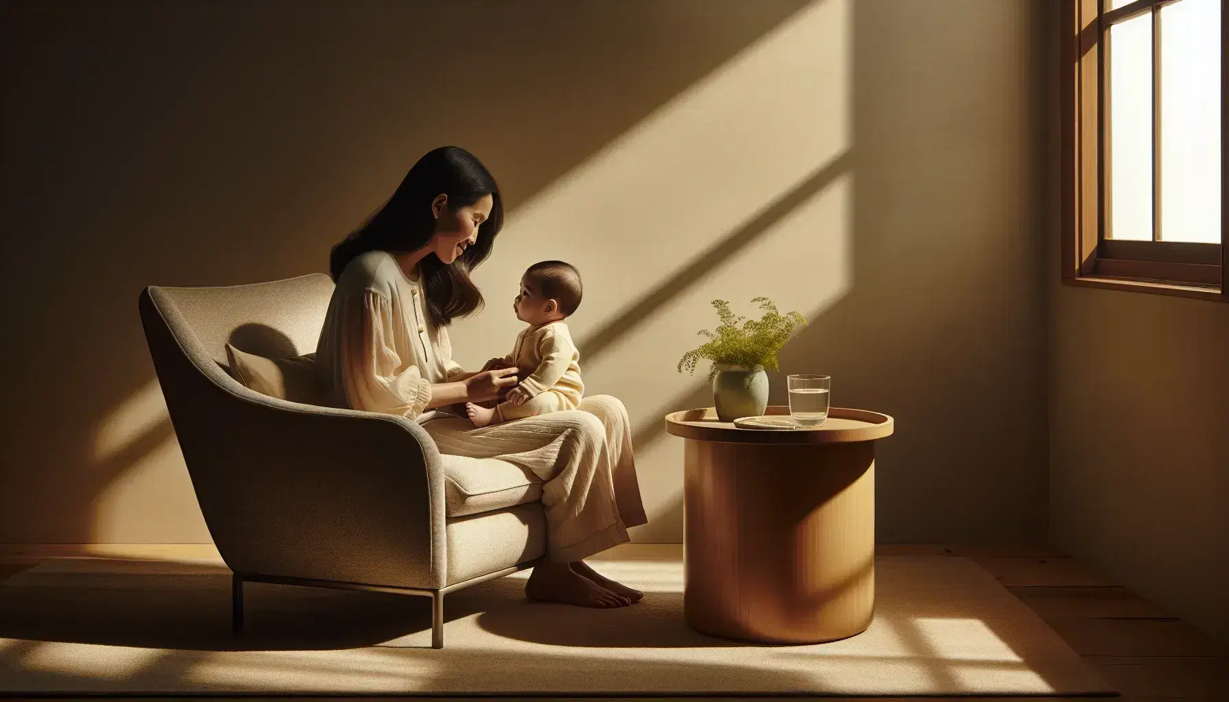 South Asian assistant smiles sweetly at a newborn baby in yellow onesie, sitting in a beige armchair near a bright window with green plant.