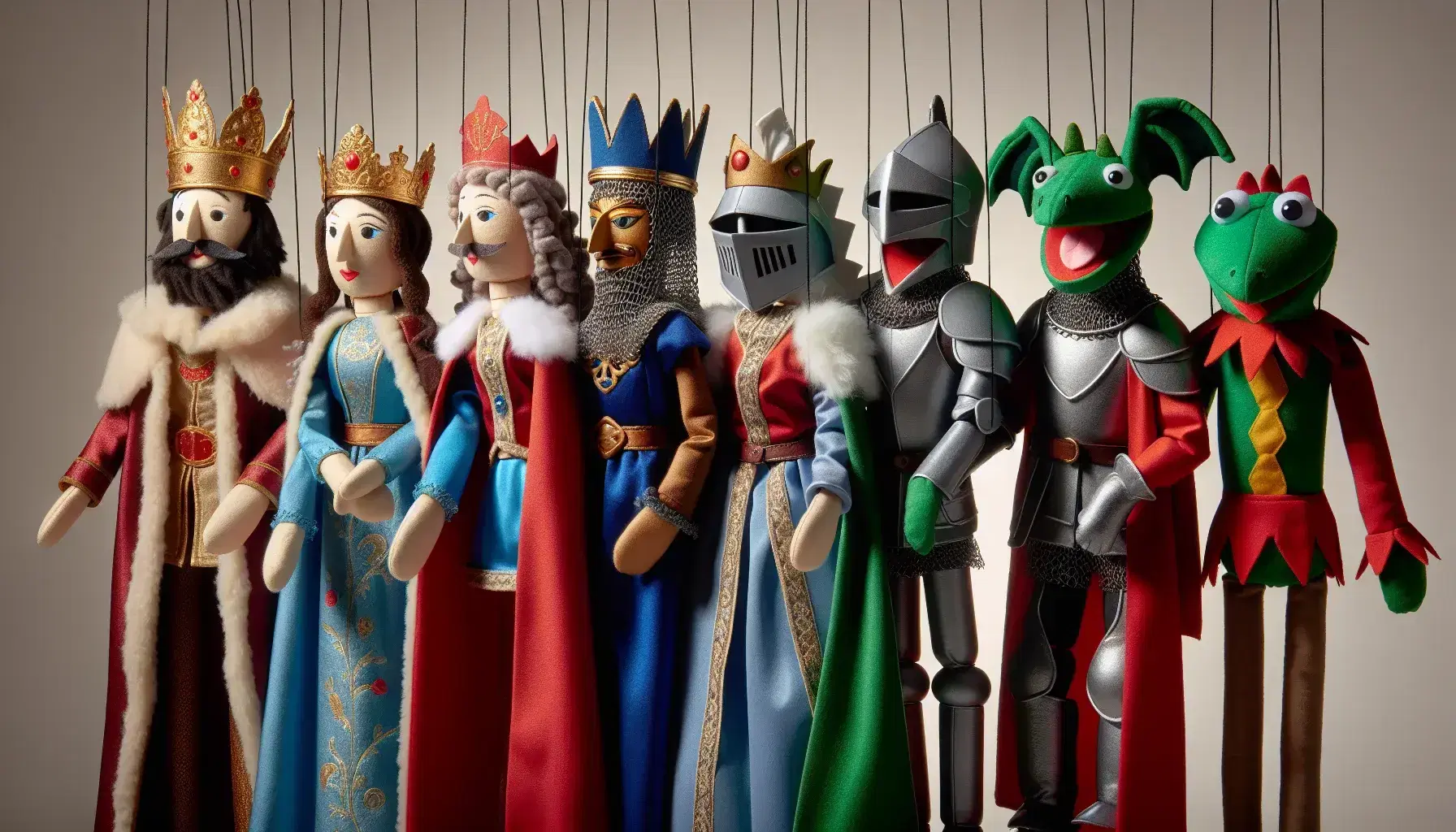 Conjunto de títeres de mano representando personajes medievales: rey con corona dorada, reina con tiara plateada, caballero armado, dragón verde y bufón colorido.