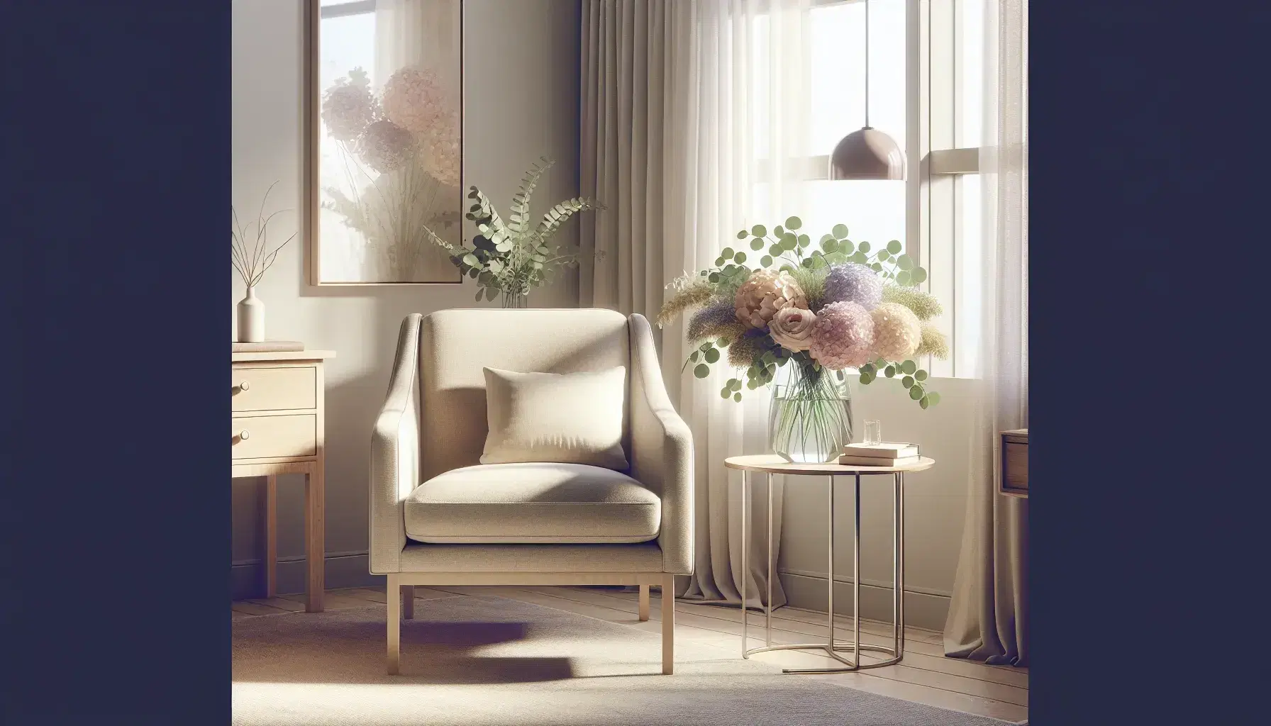 Serene therapeutic office with comfortable beige armchair, coffee table with fresh flowers, modern desk, natural light and white curtains.