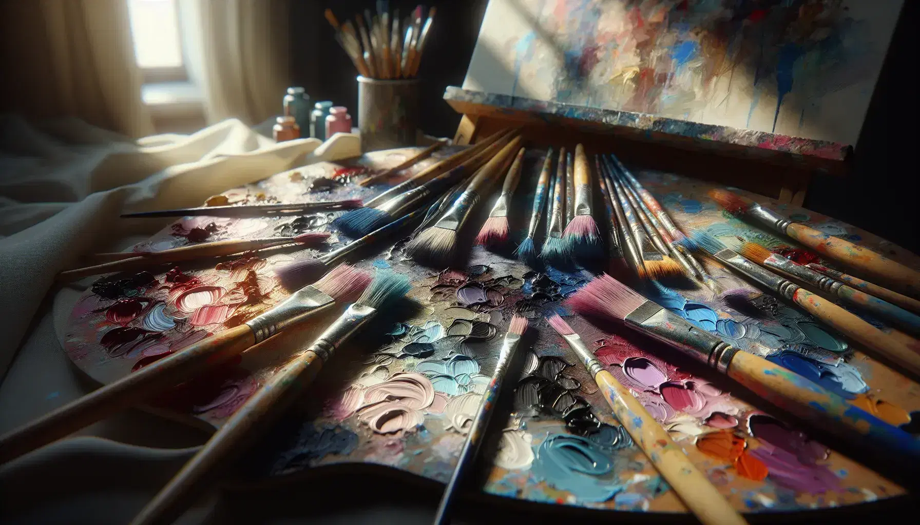 Tavolozza del pittore con macchie di colore e pennelli assortiti, sfondo sfocato con cavalletto e tela in uno studio artistico illuminato naturalmente.