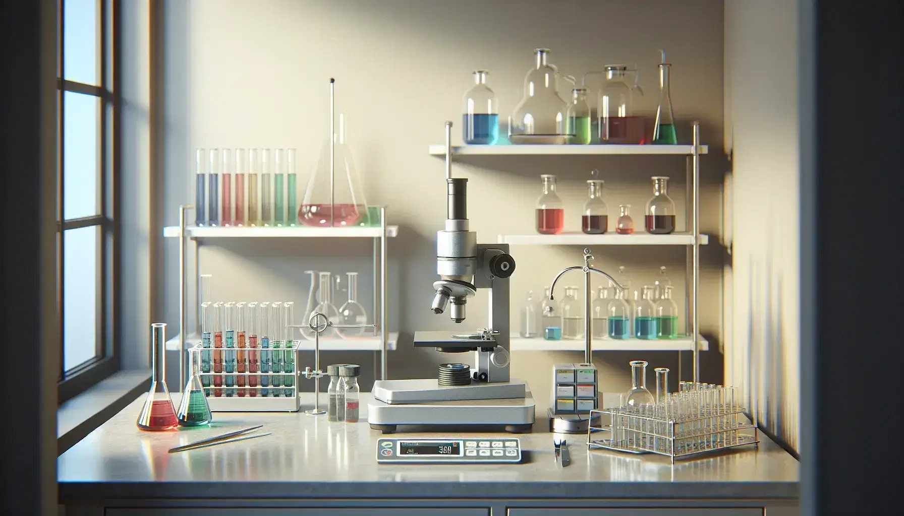 Laboratorio de investigación con mesa y microscopio metálico, probetas con líquidos de colores en gradilla y balanza analítica apagada.