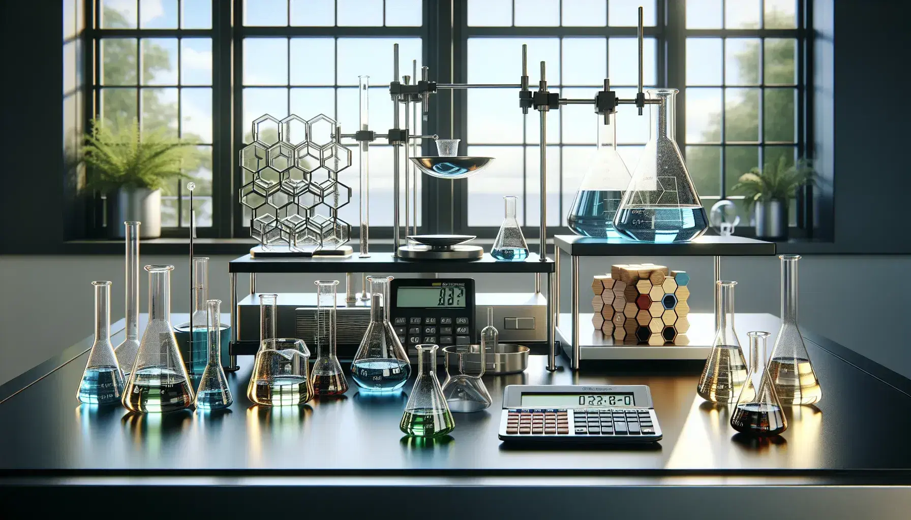 Laboratory with chemical instrumentation, digital scale, graphing calculator and wooden hexagonal blocks on black bench, bright window in background.