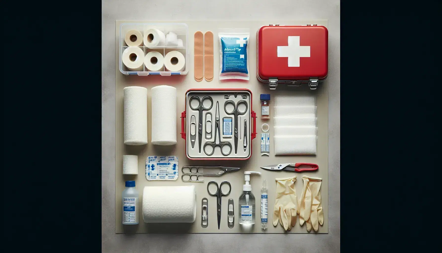 Kit de primeros auxilios abierto con vendas, tijeras, guantes de látex, solución antiséptica, compresa fría y máscara de RCP en superficie clara.