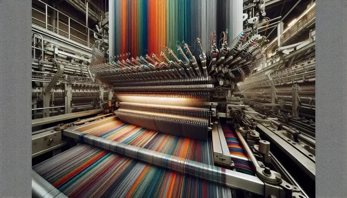 Máquina de tricotar por urdimbre en funcionamiento con hilos coloridos entrelazándose para formar una tela multicolor suave y texturizada.