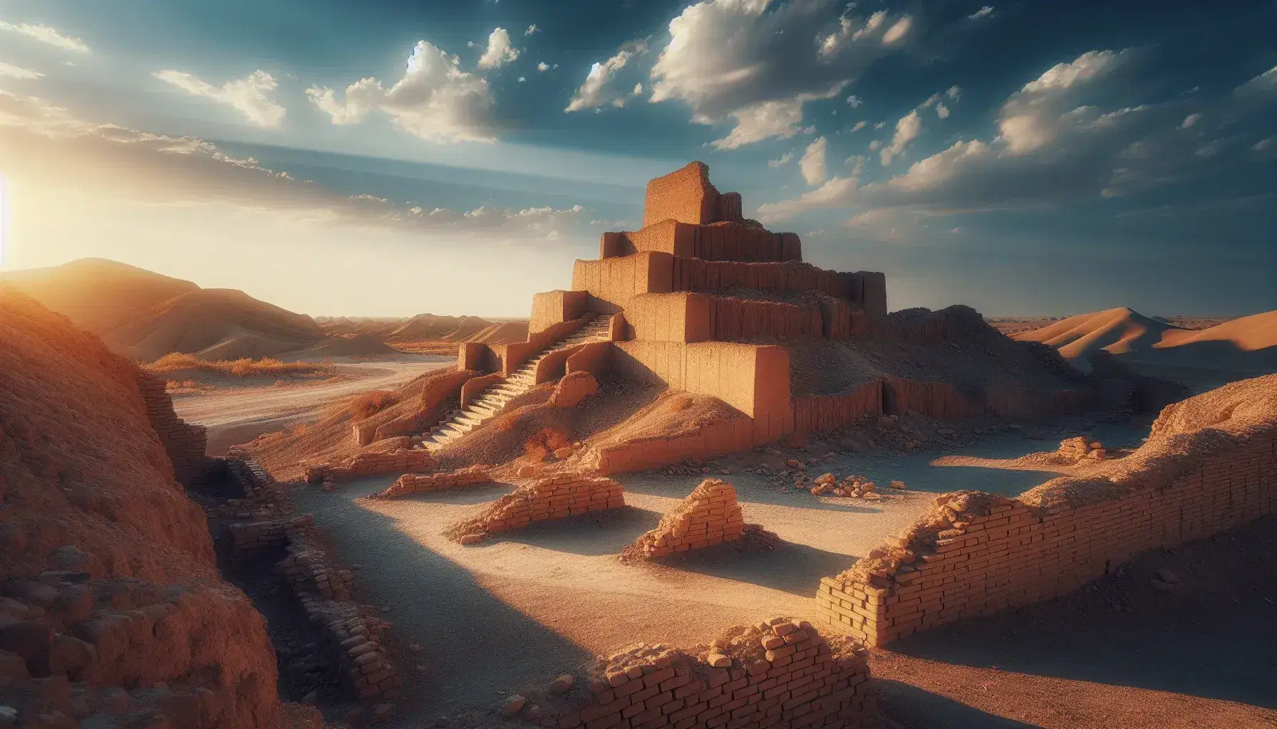 Ruinas antiguas de ladrillos de adobe bajo cielo azul con vegetación esparcida y estructura tipo ziggurat, reflejando la historia y la aridez del paisaje.