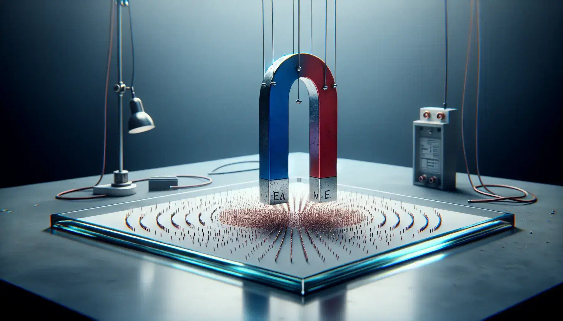 Laboratory red and blue U-magnet on paper with iron filings showing magnetic field lines, metal coil and circuit above.