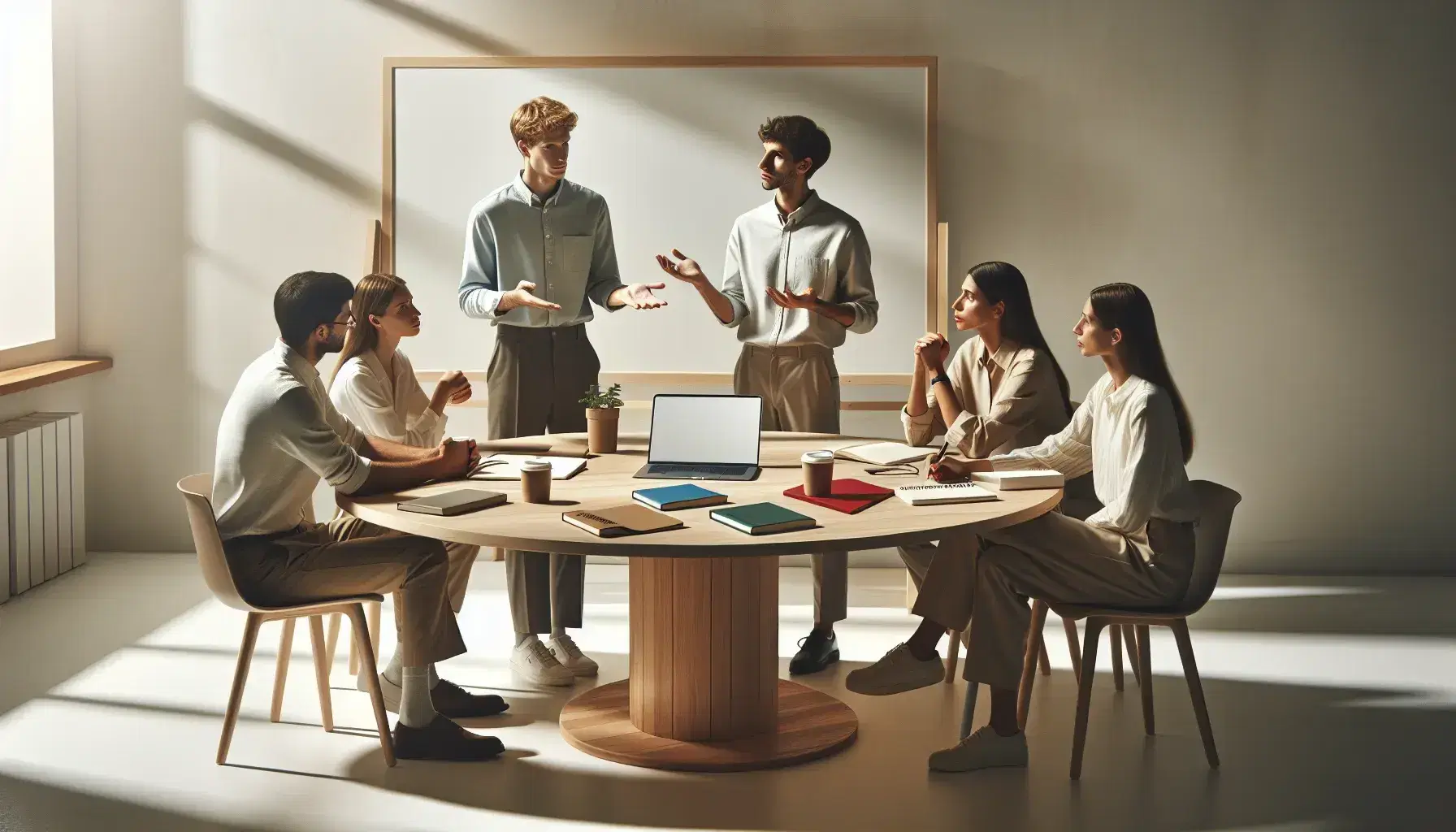 Grupo de cinco profesionales en reunión alrededor de una mesa redonda con portátil, libretas y tazas de café, en una oficina iluminada naturalmente.