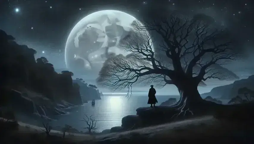 Escena nocturna con árbol desnudo y ramas retorcidas bajo un cielo estrellado y luna llena, figura solitaria en atuendo histórico contemplando el mar tranquilo.
