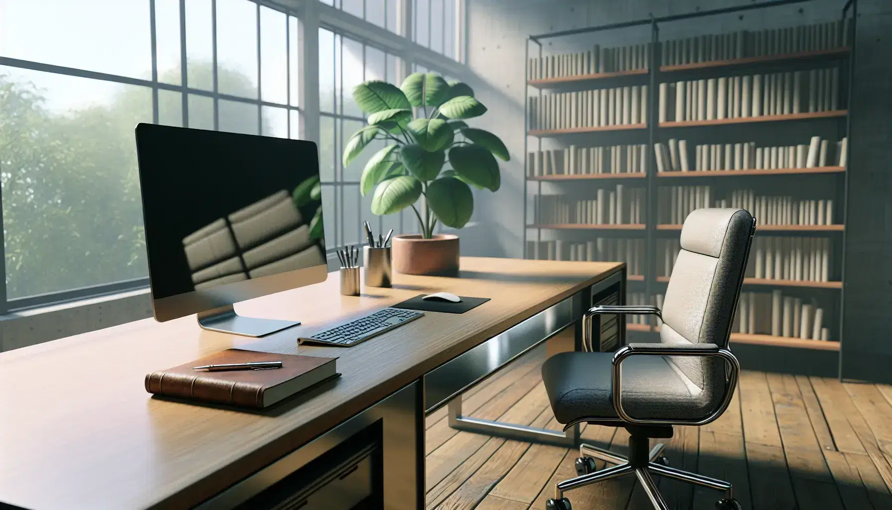 Psychological research laboratory with wooden desk, computer, open notebook with pen, gray office chair, bookcase and human figure in lab coat.