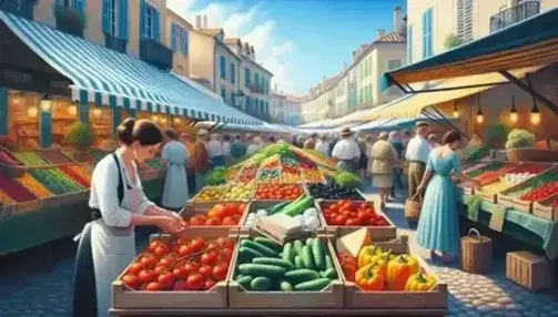 Bustling European market with colorful produce like tomatoes and peppers on display, vendors selling cheese and fruit to customers, historic buildings backdrop.