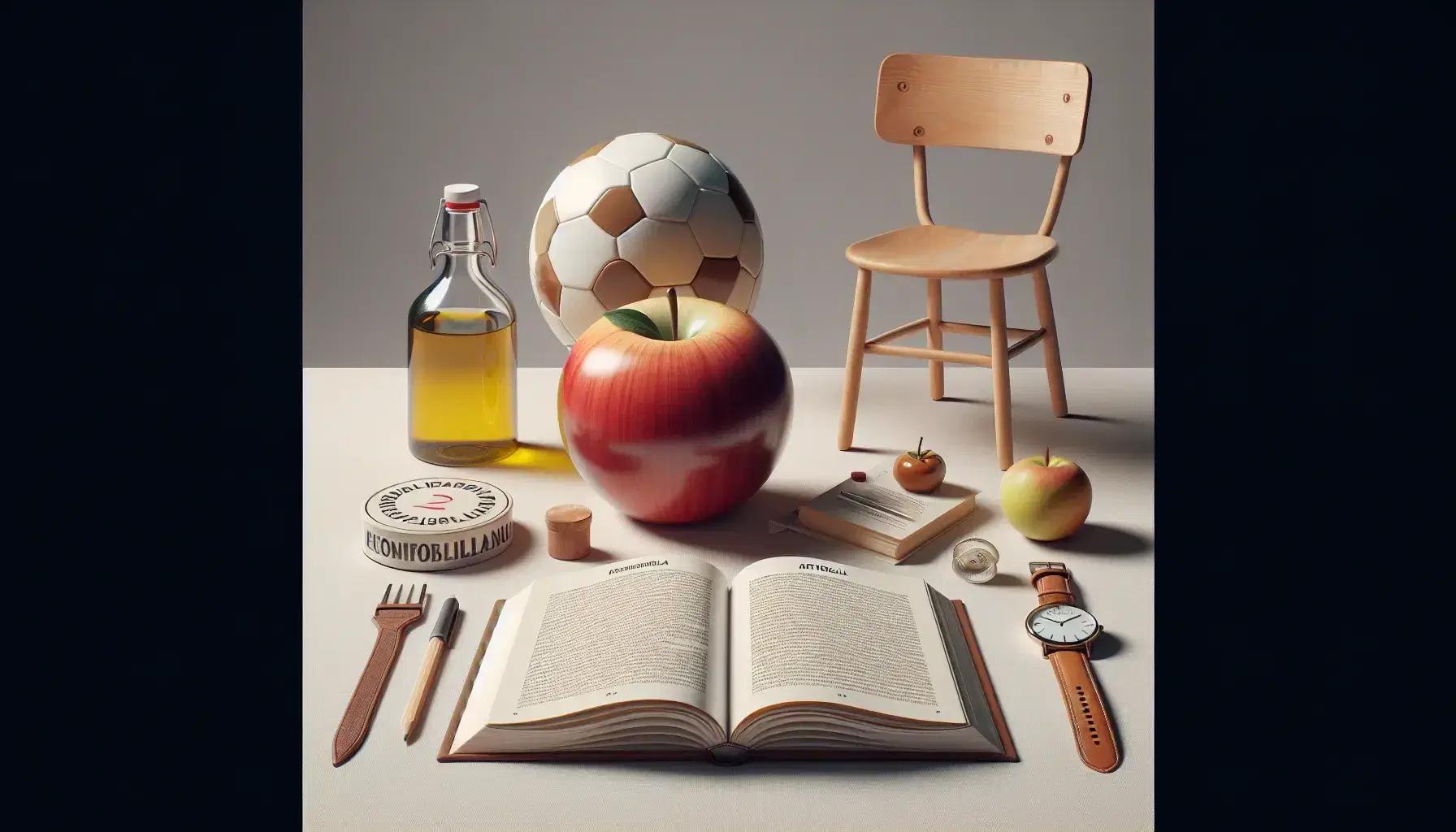 Libro aperto su sfondo neutro con mela rossa, sedia in legno, bottiglia trasparente con liquido giallo, orologio con cinturino marrone e pallone da calcio.