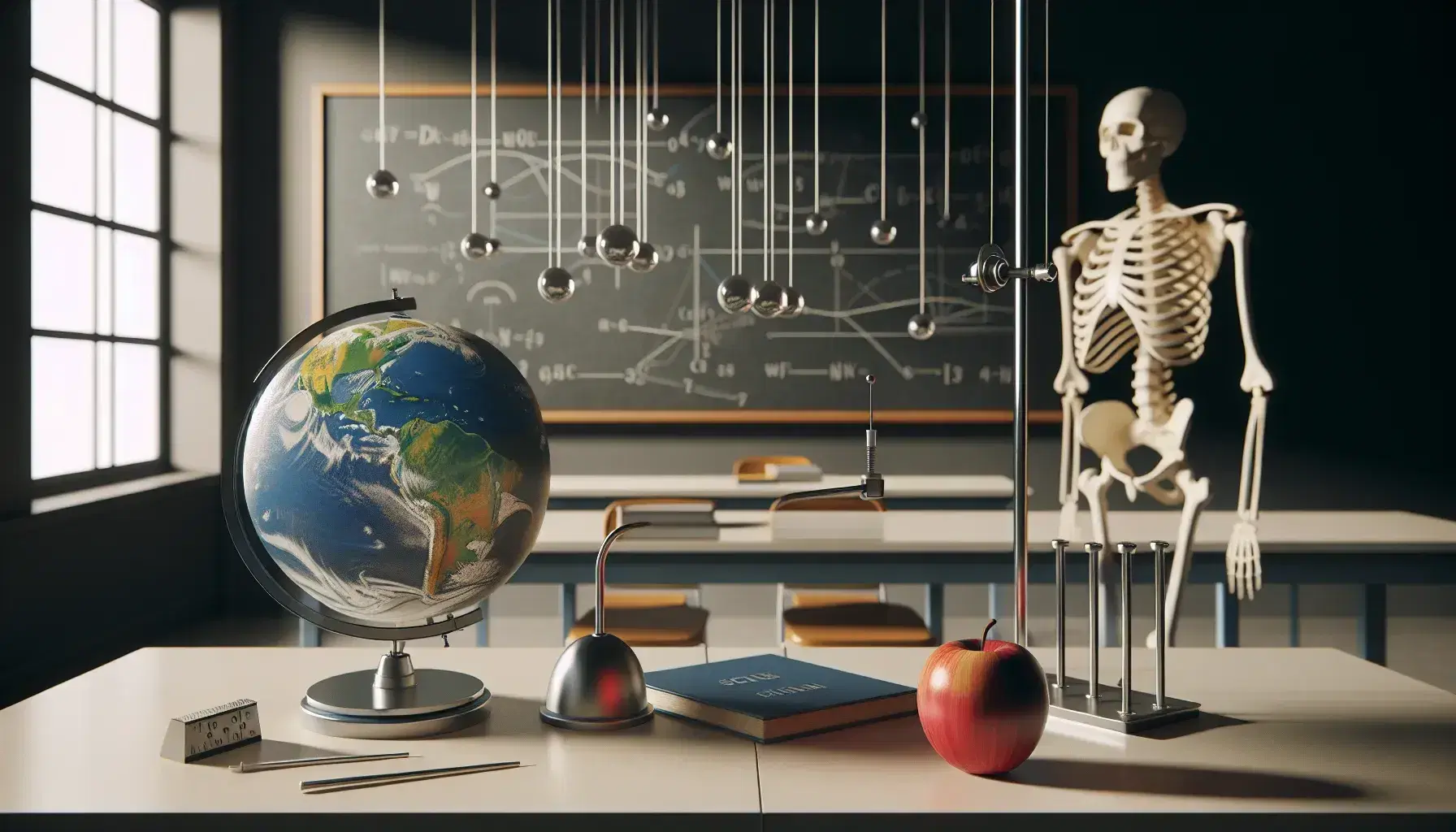 Aula de física con globo terráqueo, manzana roja en mesa, esqueleto humano y péndulos metálicos, frente a pizarra negra y ventana con cielo azul.