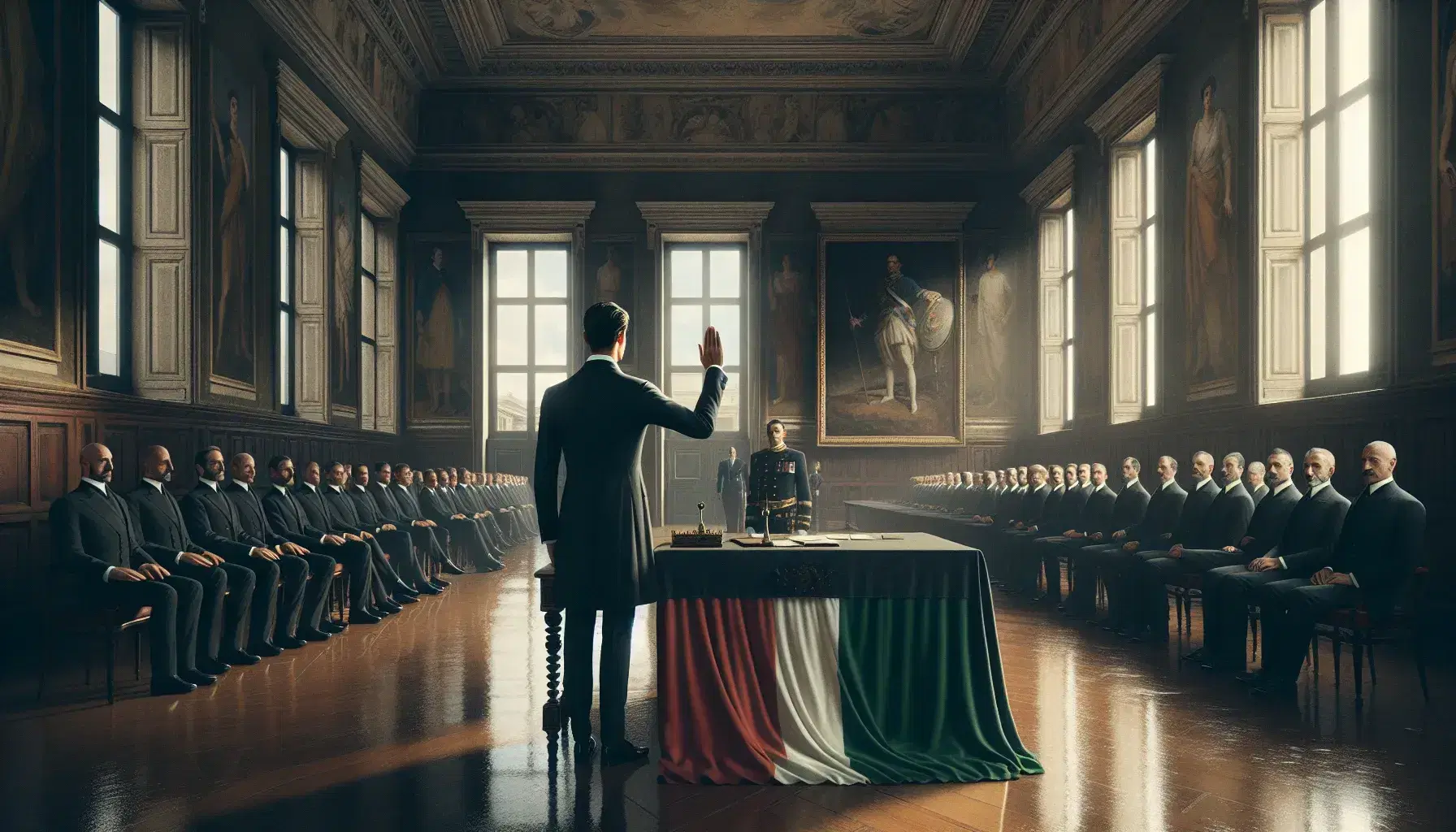 Uomo in abito scuro presta giuramento con mano destra alzata in sala storica con affreschi, bandiera italiana sul tavolo e pubblico attento.