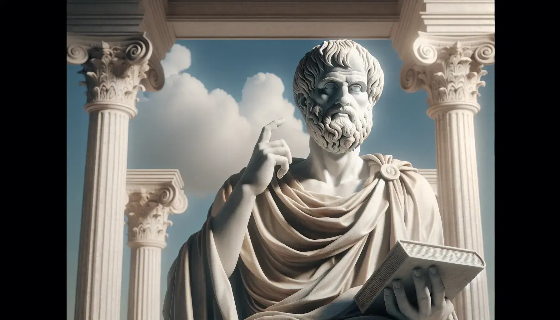 Statua in marmo di Aristotele con mano alzata, volumi e strumenti scientifici su tavolo in legno, colonne greche e cielo azzurro sullo sfondo.