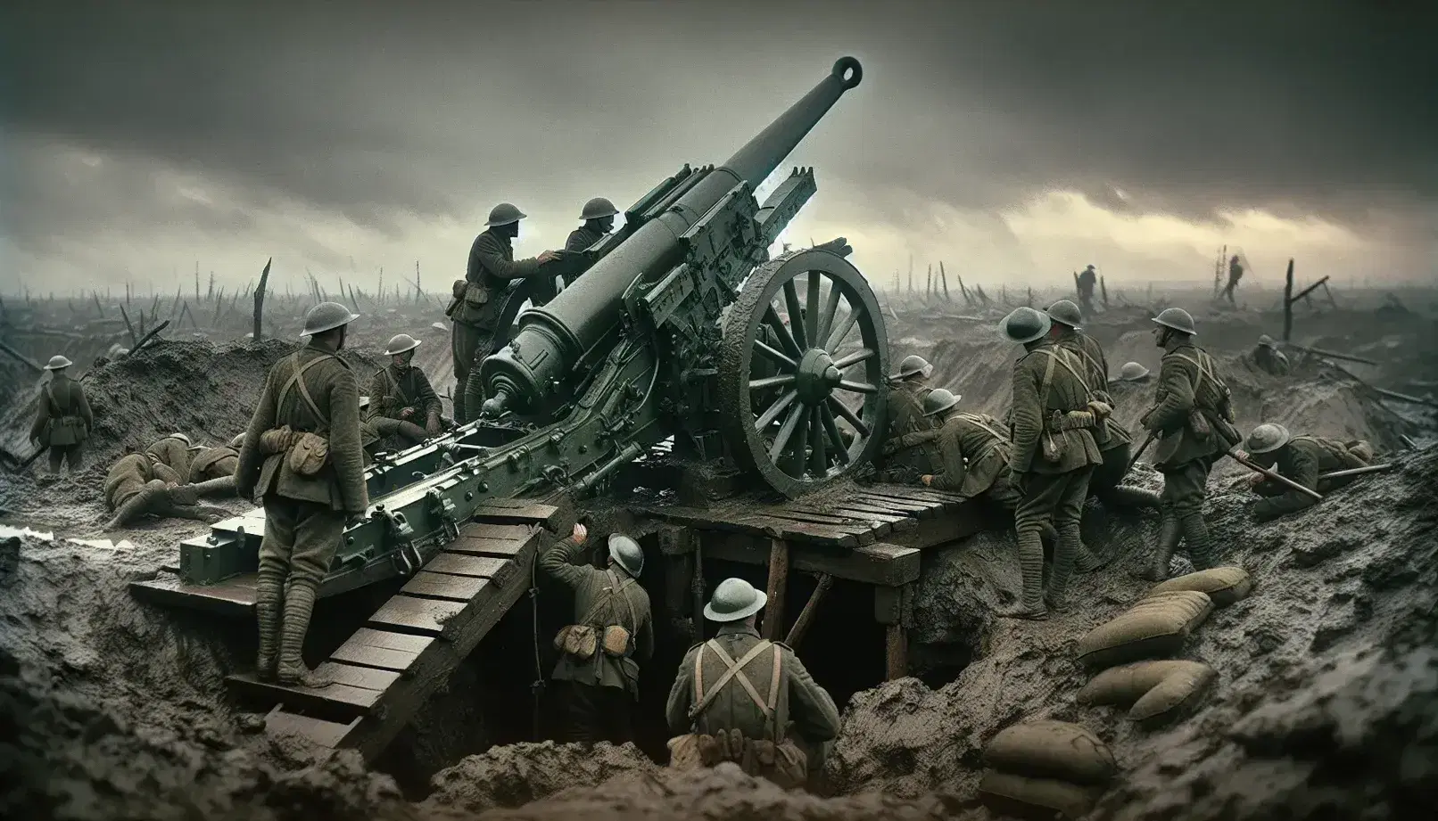 Artiglieria pesante e soldati in uniforme carica cannone su terreno fangoso con crateri sotto cielo nuvoloso della Prima Guerra Mondiale.