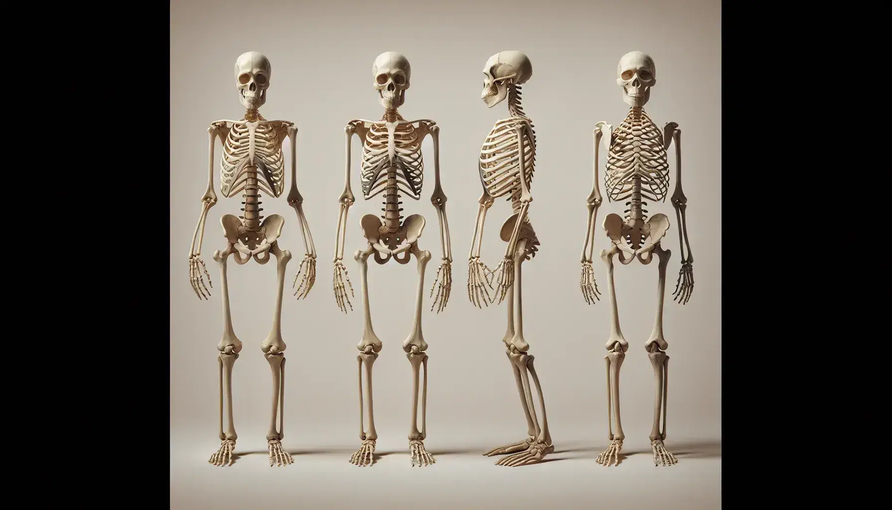 Comparative skeletal structures of a human, chimpanzee, and dog side by side, highlighting anatomical differences and similarities.