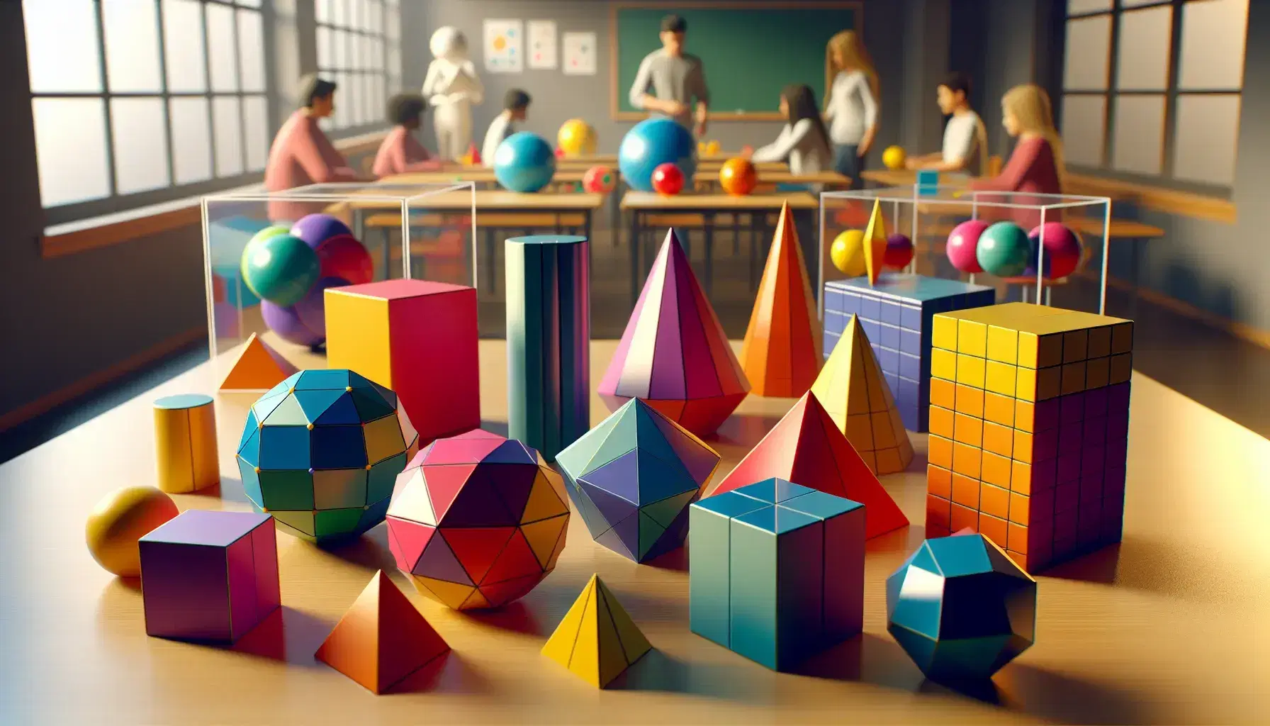 Brightly colored geometric solids on a classroom table with students engaging in a hands-on learning activity, showcasing a variety of 3D shapes.