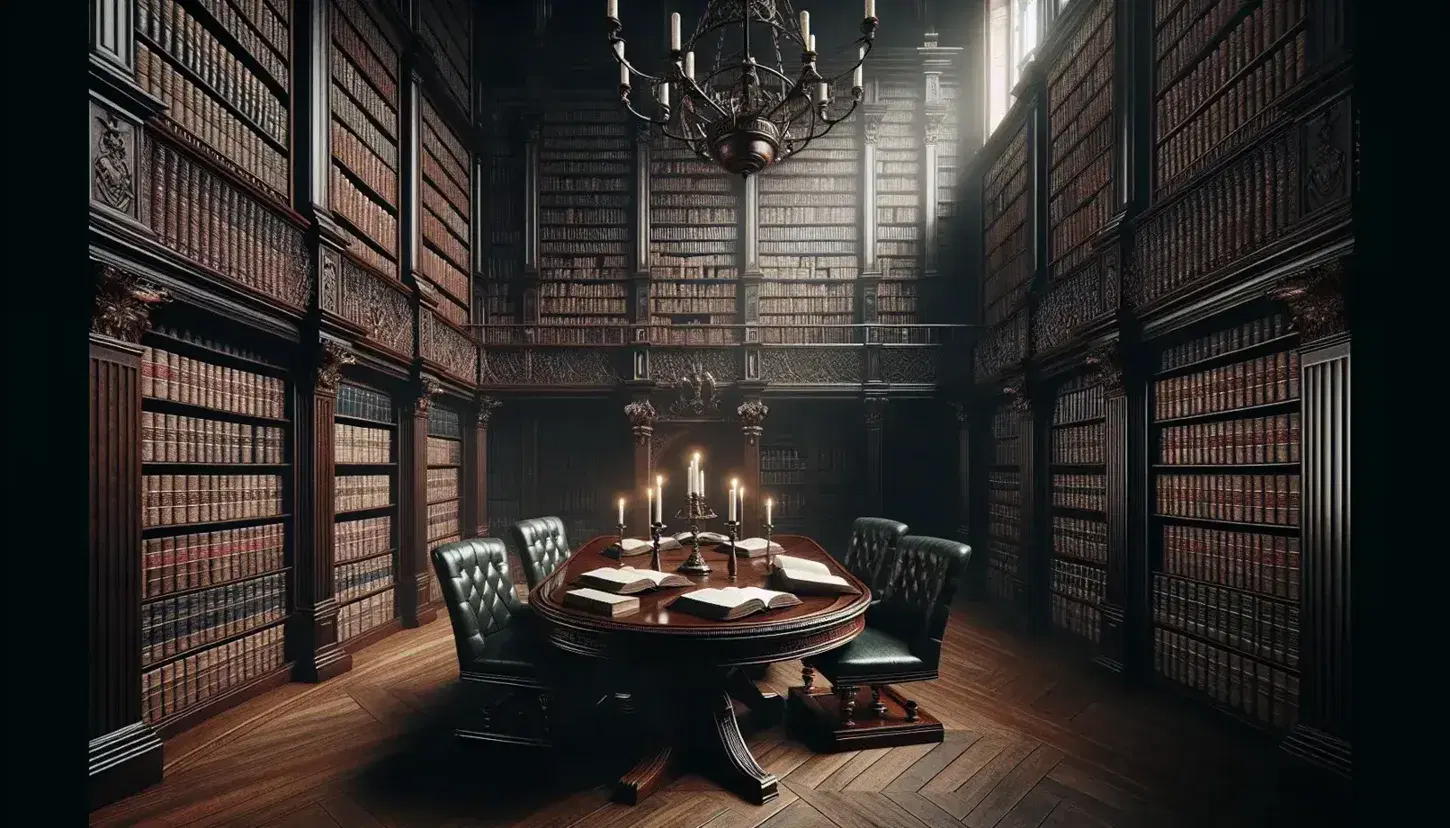 Biblioteca antica con scaffali in legno scuro pieni di volumi rilegati, tavolo ovale centrale con tomi aperti e lampadario in ferro battuto.