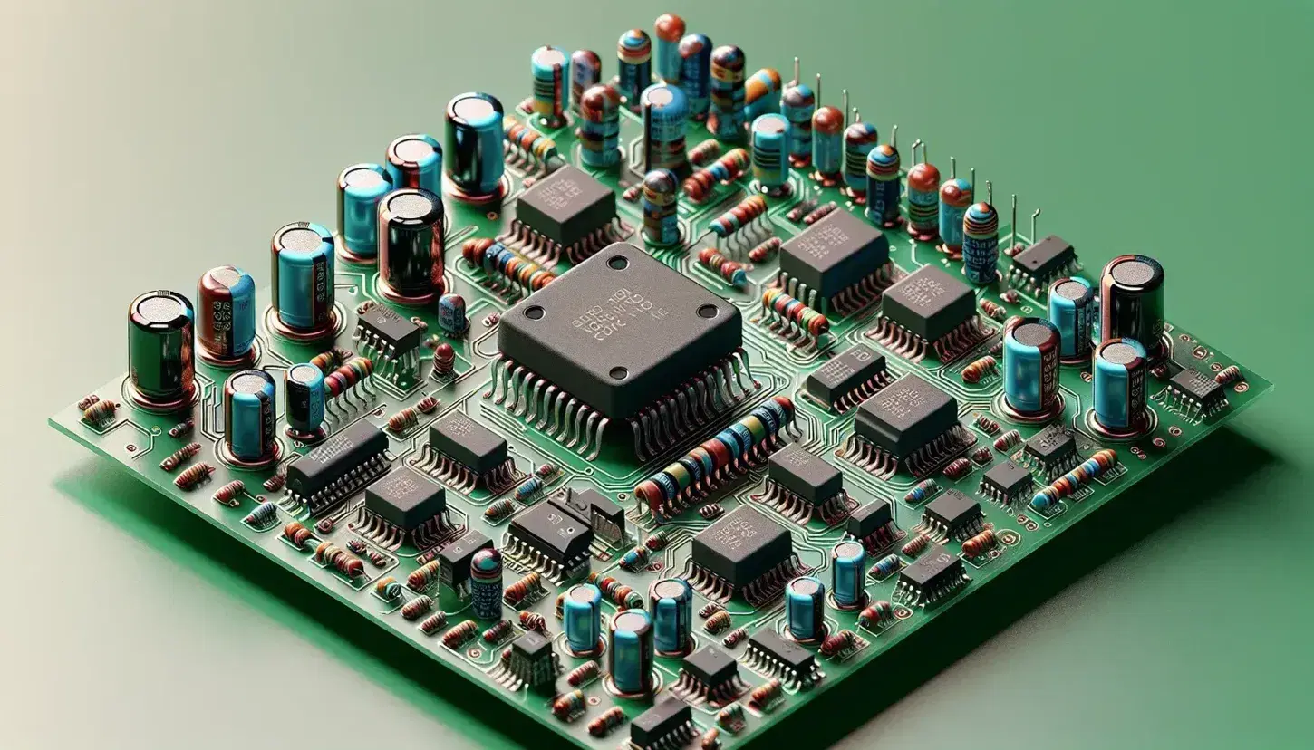 Close-up of a green electronic board with black integrated circuits, colored cylindrical capacitors and banded resistors, on copper traces.