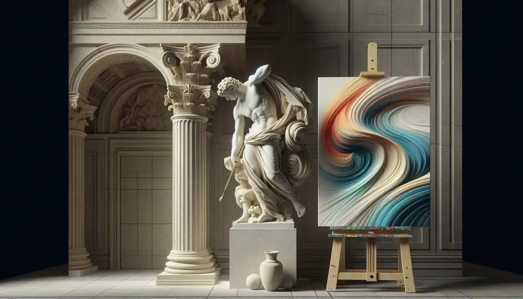 Escultura de mármol blanco en primer plano con pose clásica, estructura arquitectónica con columnas al fondo, lienzo abstracto y violín con arco sobre superficie.
