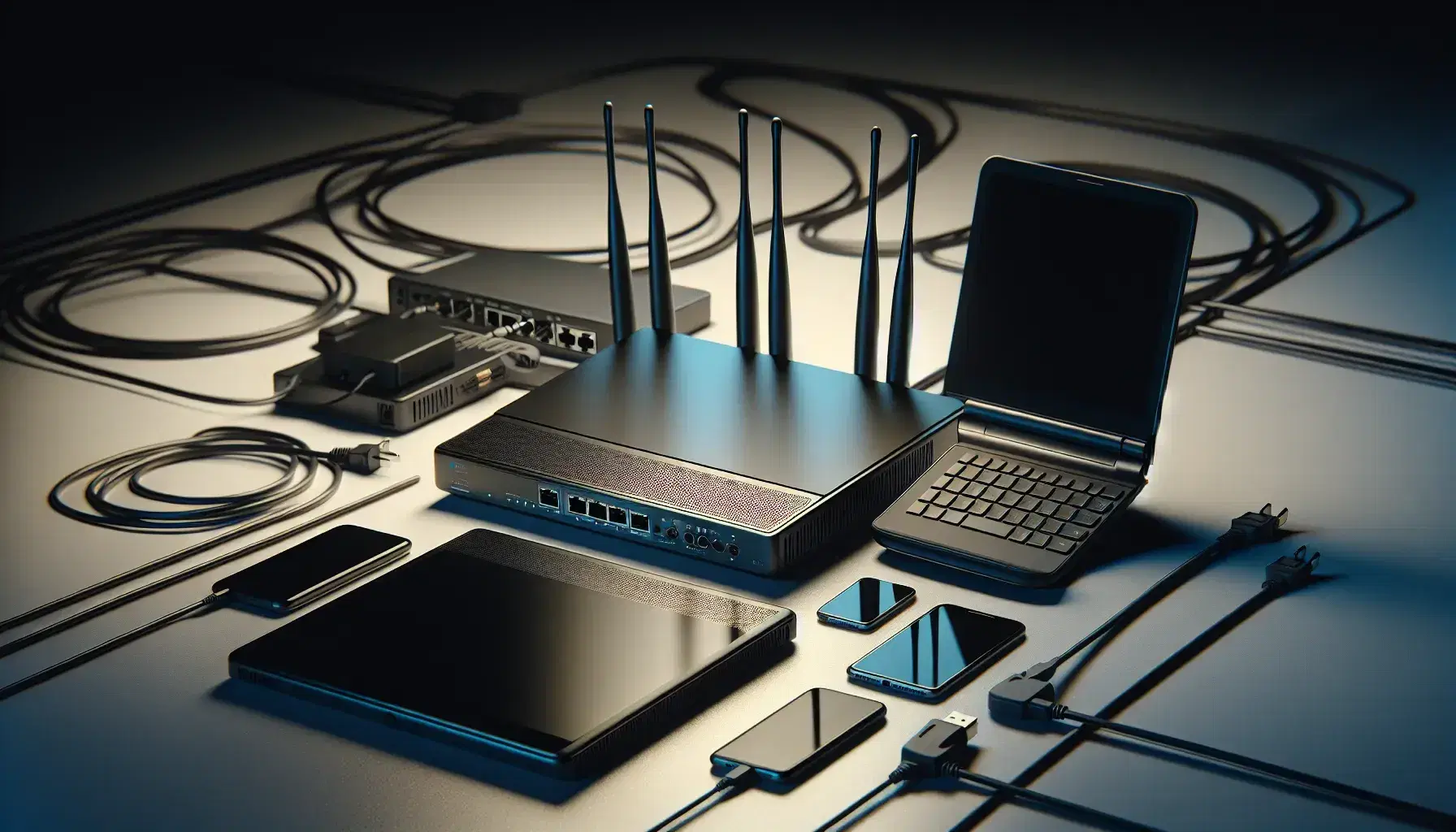 Router negro con antenas, laptop gris abierto, smartphone oscuro y tablet con bordes delgados sobre superficie clara con cables de red azules y amarillos.