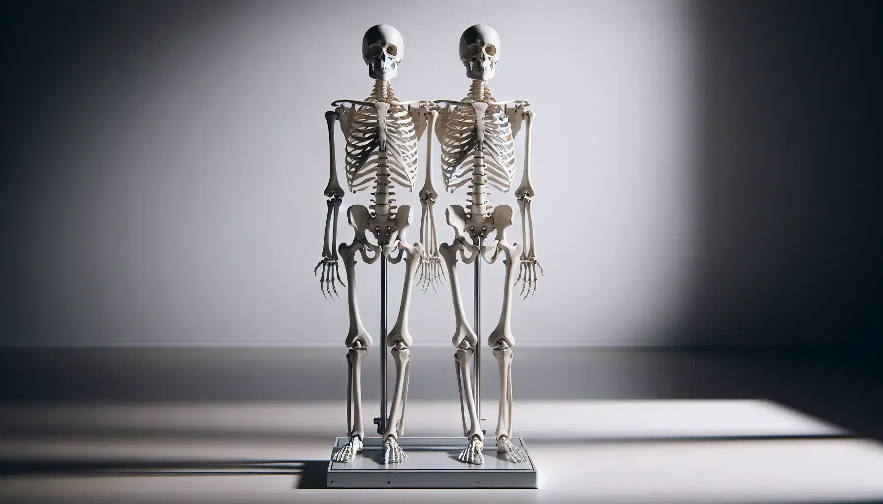 Esqueleto humano completo montado en soporte metálico, con brazos ligeramente separados y palmas hacia afuera, sobre fondo neutro para estudio anatómico.