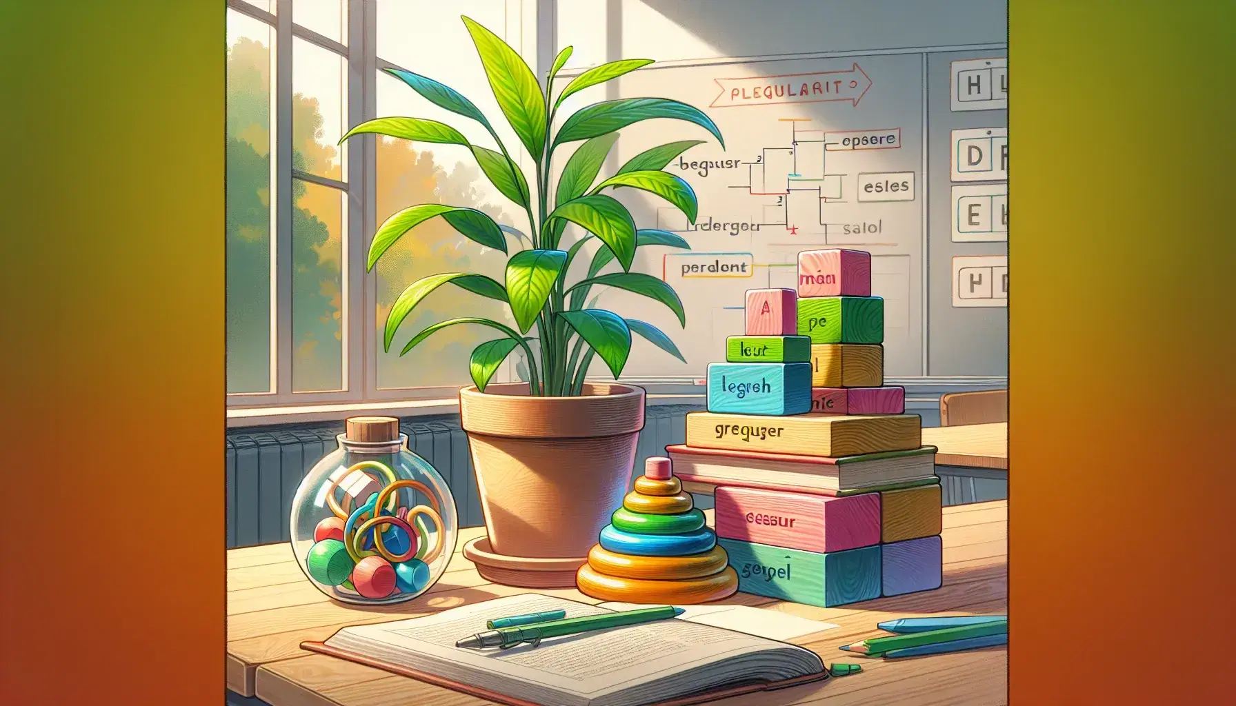 Classroom with colorful wooden blocks in a pyramid, a vibrant potted plant on a desk, and a jar of smooth gray pebbles next to a blank notebook.