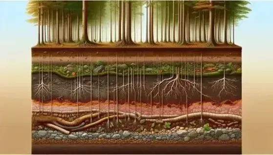 Sección transversal del suelo en un bosque con árboles, hojarasca y capas de tierra de distintos colores y texturas, raíces y túneles de organismos.