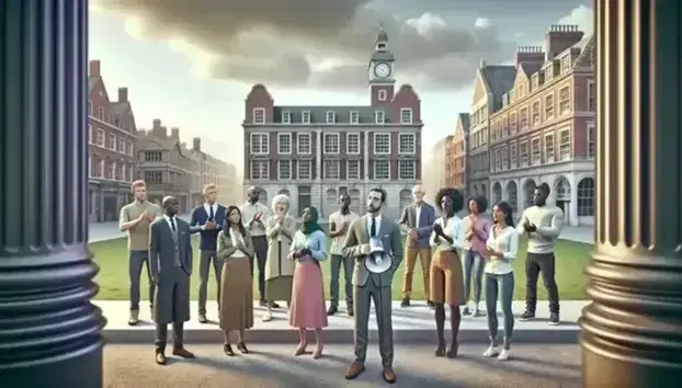 Multicultural group attentively listens to a Caucasian male advocate speaking in a park, with historic UK-style buildings in the background.