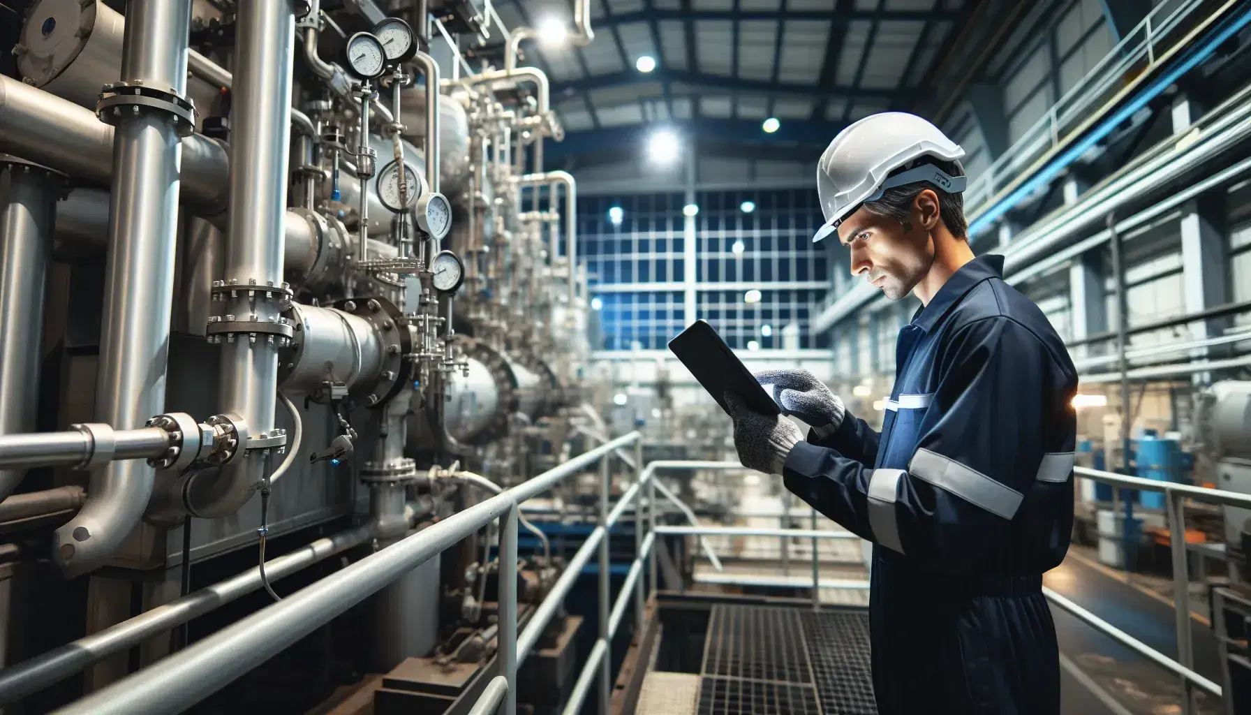 Técnico con casco de seguridad y uniforme azul inspeccionando maquinaria industrial con tablet electrónico en planta industrial iluminada artificialmente.