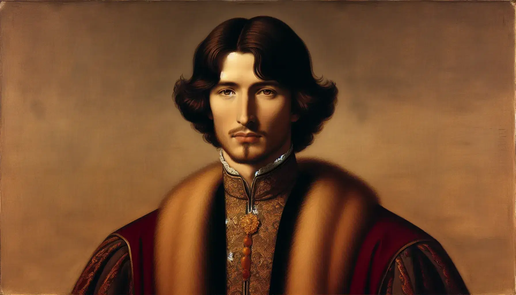 Ritratto medievale di uomo nobile con mantello rosso scuro, fibbia d'oro e barba corta, espressione seria e pensierosa.