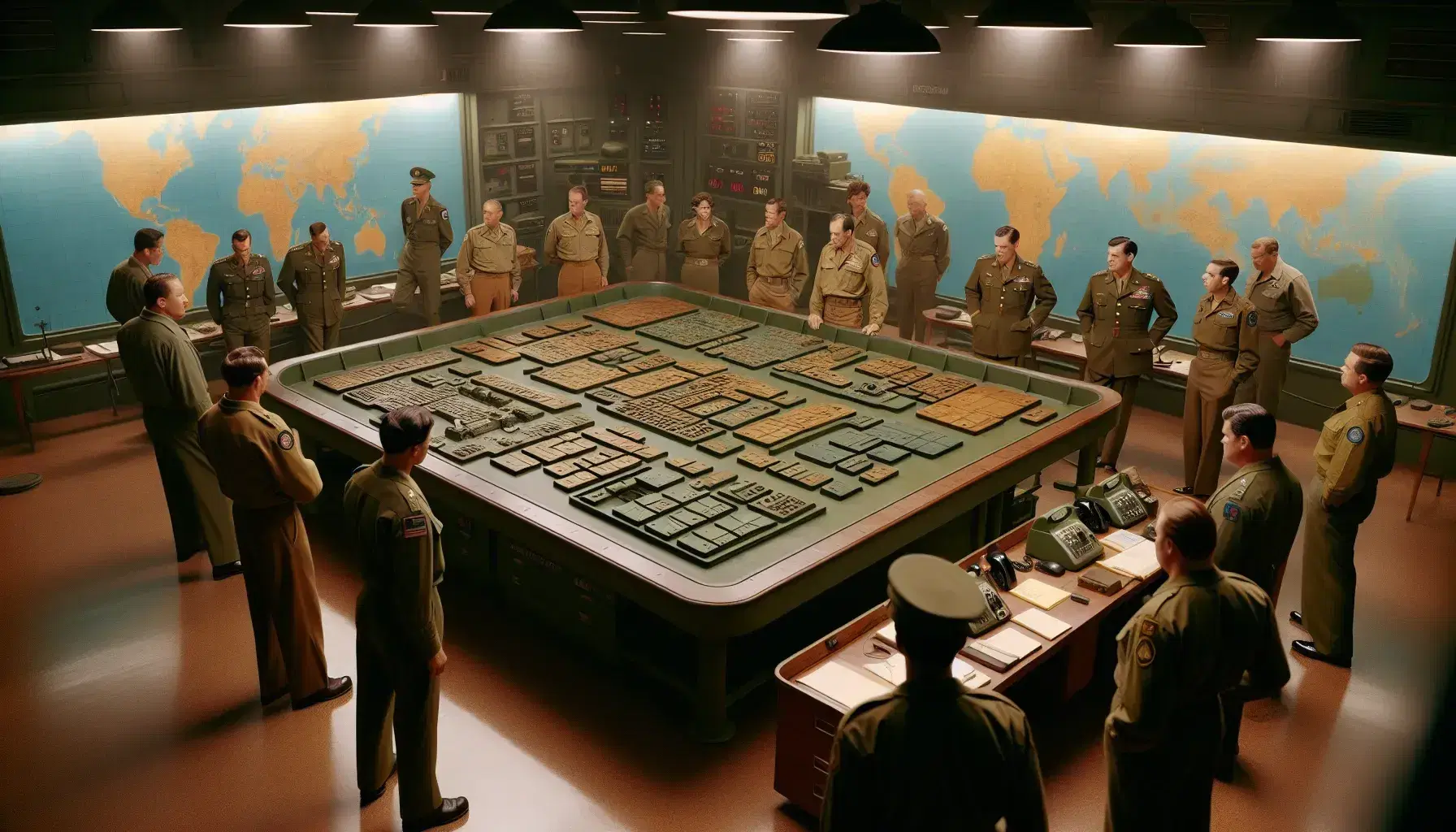 Sala de control militar de mediados del siglo XX con personal uniformado analizando tácticas en una mesa con bloques que simulan unidades.
