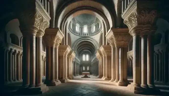 Interior of a medieval cathedral in Romanesque style with round arches, cylindrical columns, sculpted capitals and barrel vault.