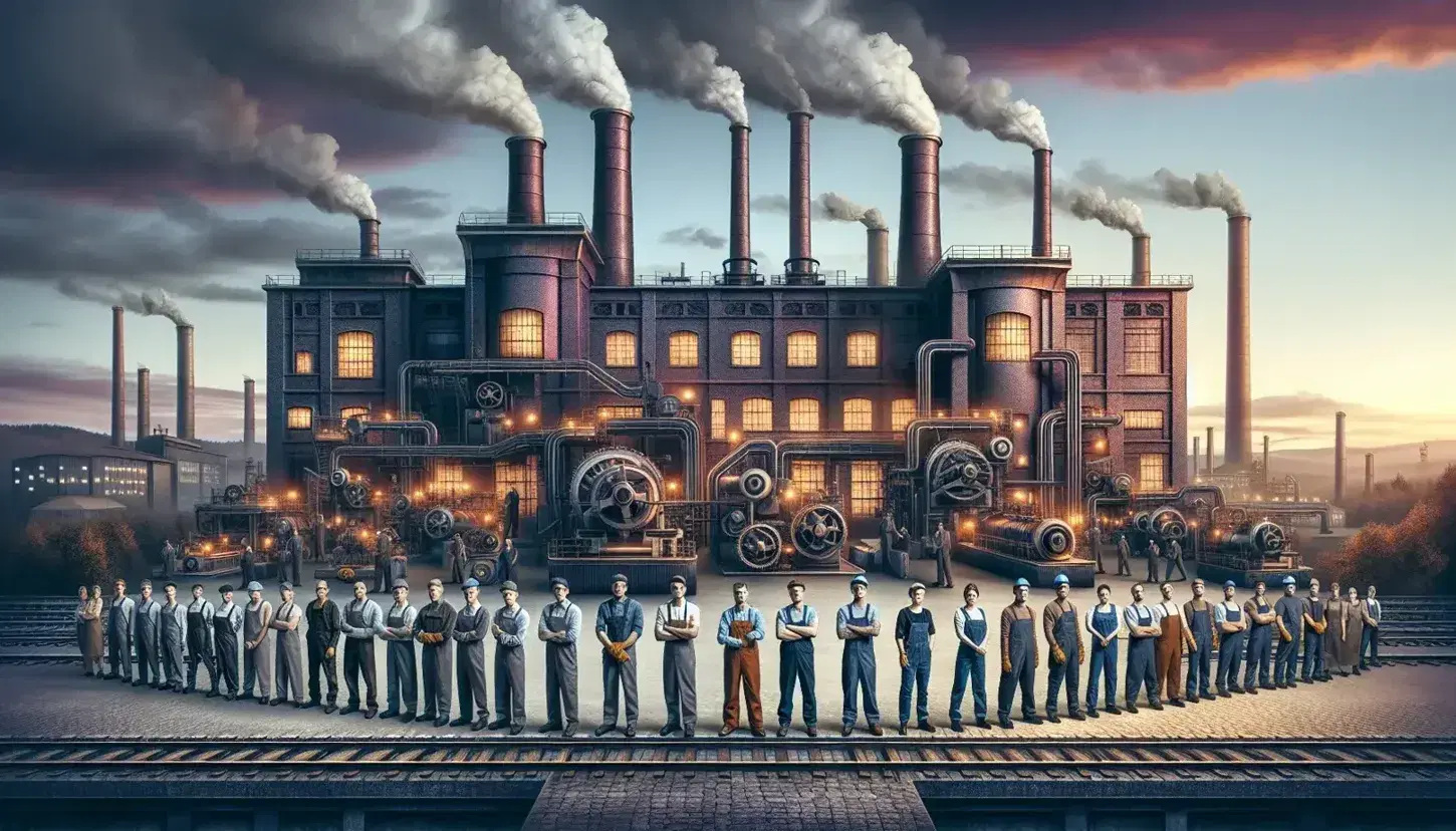 Group of multi-ethnic workers posing in front of factory with smoking chimneys at sunset, industrial machinery in the background.
