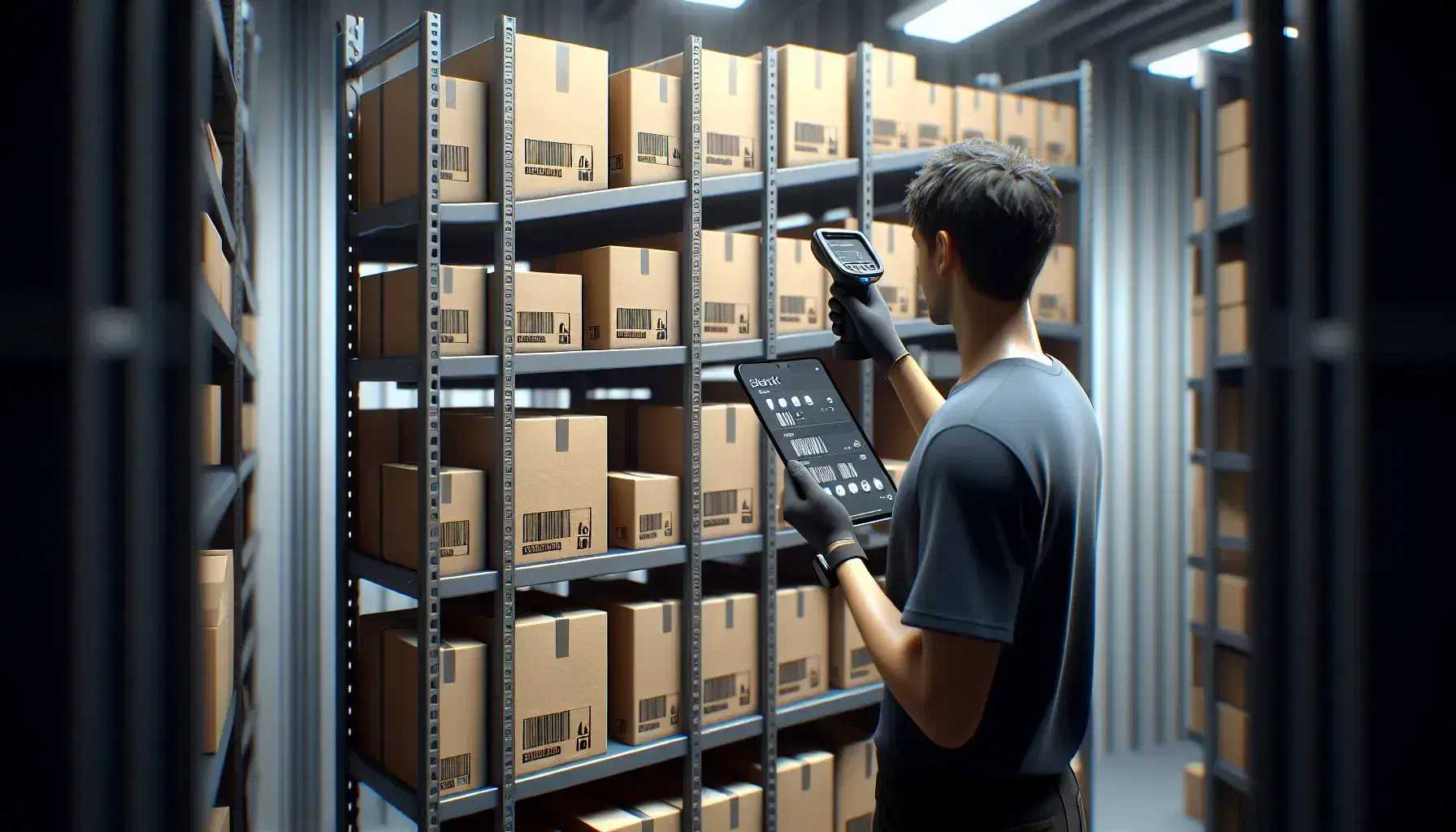 Empleado escaneando códigos de barras en cajas de cartón en estantería metálica, con tablet y dispositivo de mano en almacén iluminado.