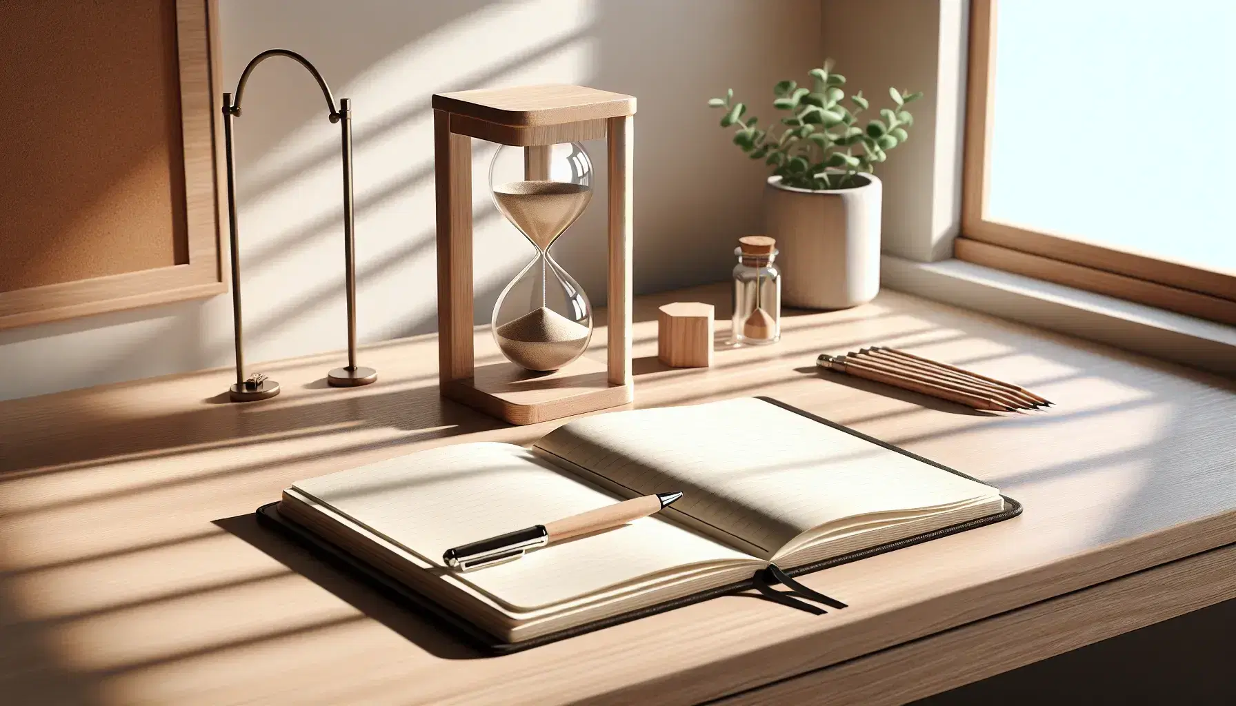 Escritorio de madera clara con cuaderno abierto, bolígrafo negro, lápiz afilado y reloj de arena, junto a planta verde en maceta blanca bajo luz natural.
