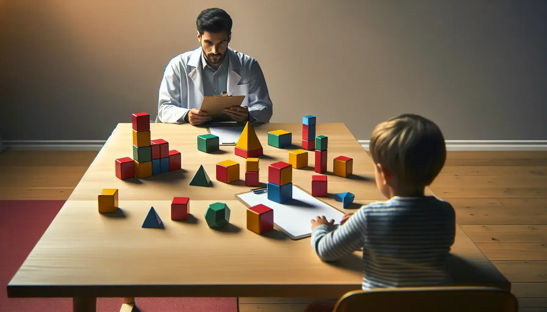 Clinical psychologist in white coat observes child interacting with colored geometric blocks for cognitive assessment in professional environment.