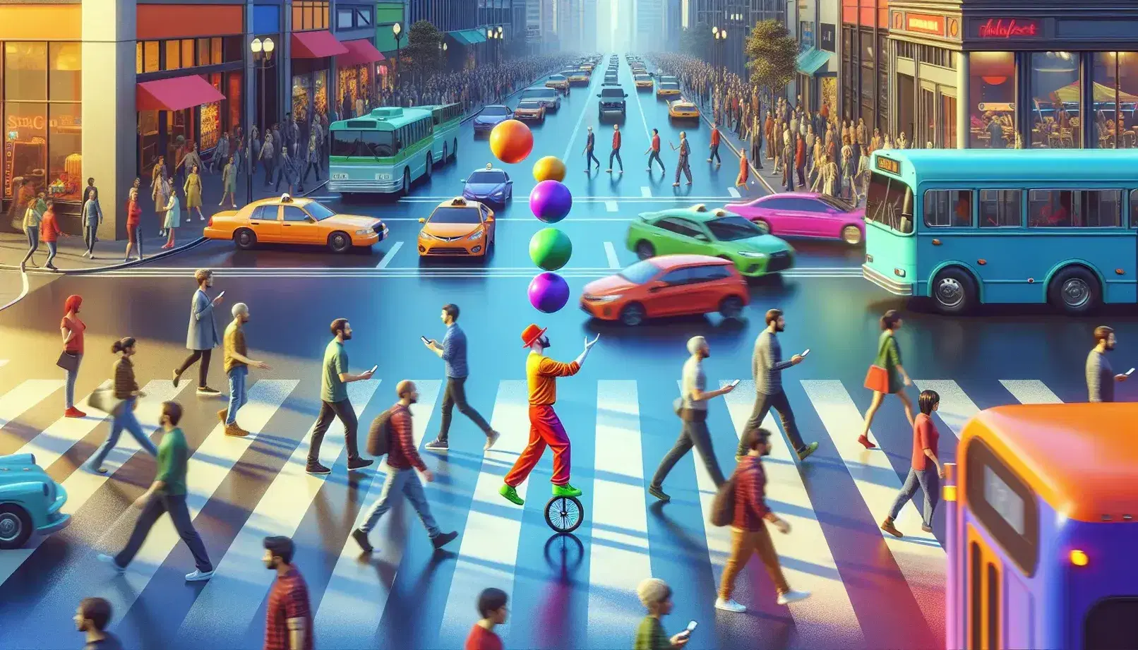 Urban scene with pedestrians attentive to their smartphones as they cross, street performer on unicycle juggling with colored balls, traffic and varied architecture.