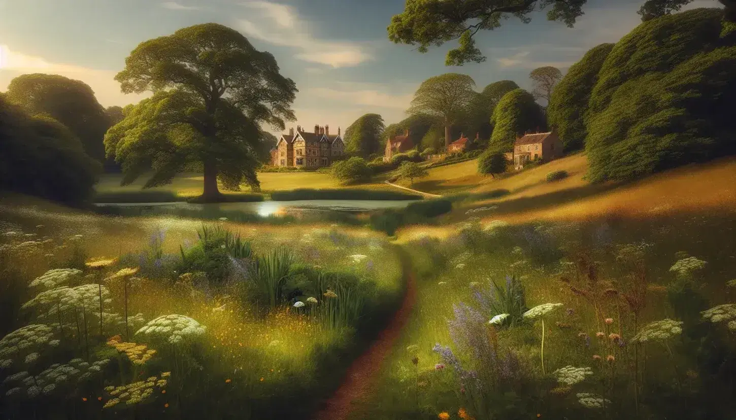 Serene English countryside with a meadow of wildflowers, a winding path leading to an Edwardian country house, and a reflective pond under a clear sky.
