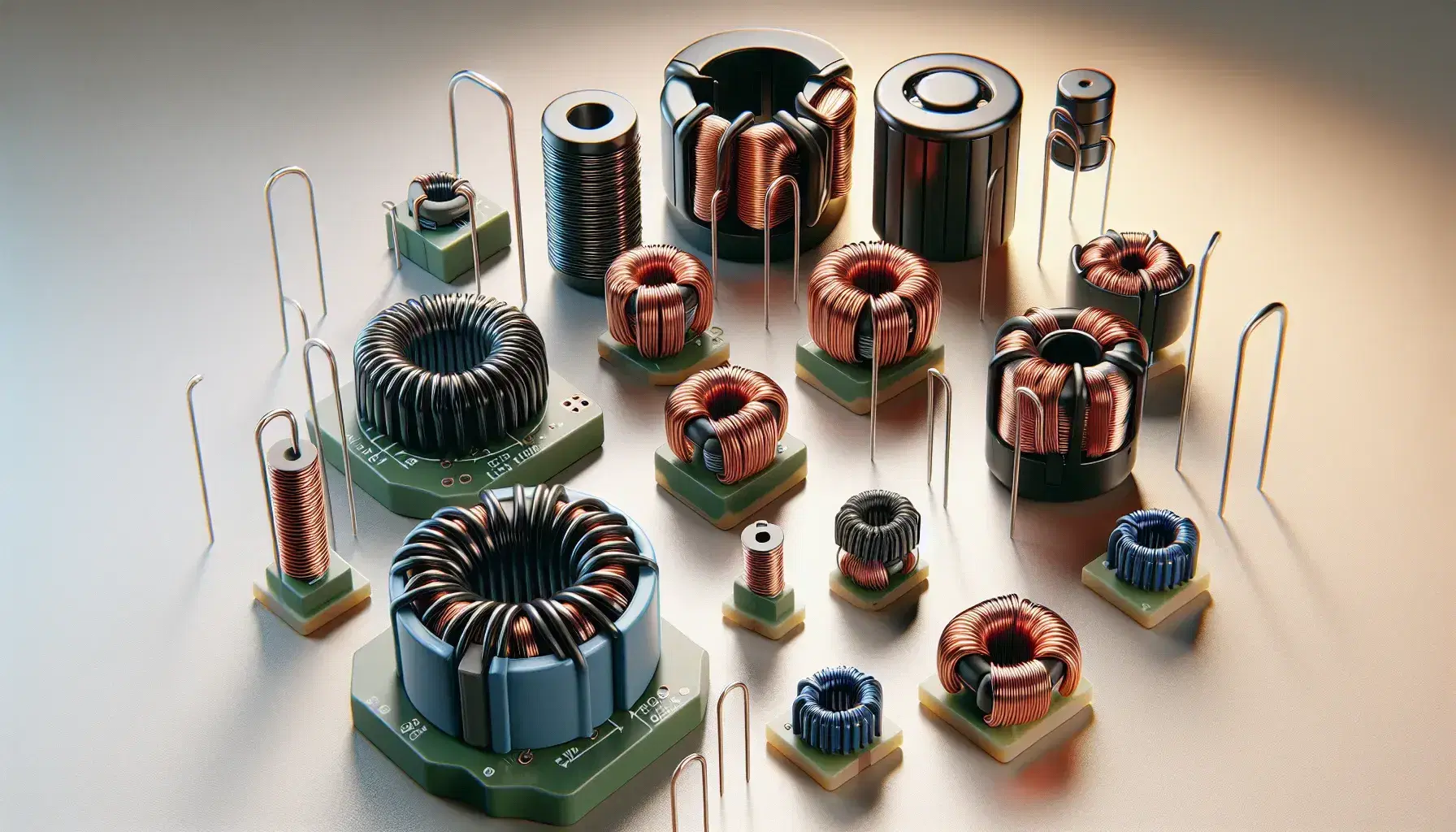 Assorted inductors including a cylindrical, toroidal, drum core, axial, and surface-mount on a light background, highlighting diverse shapes and colors.