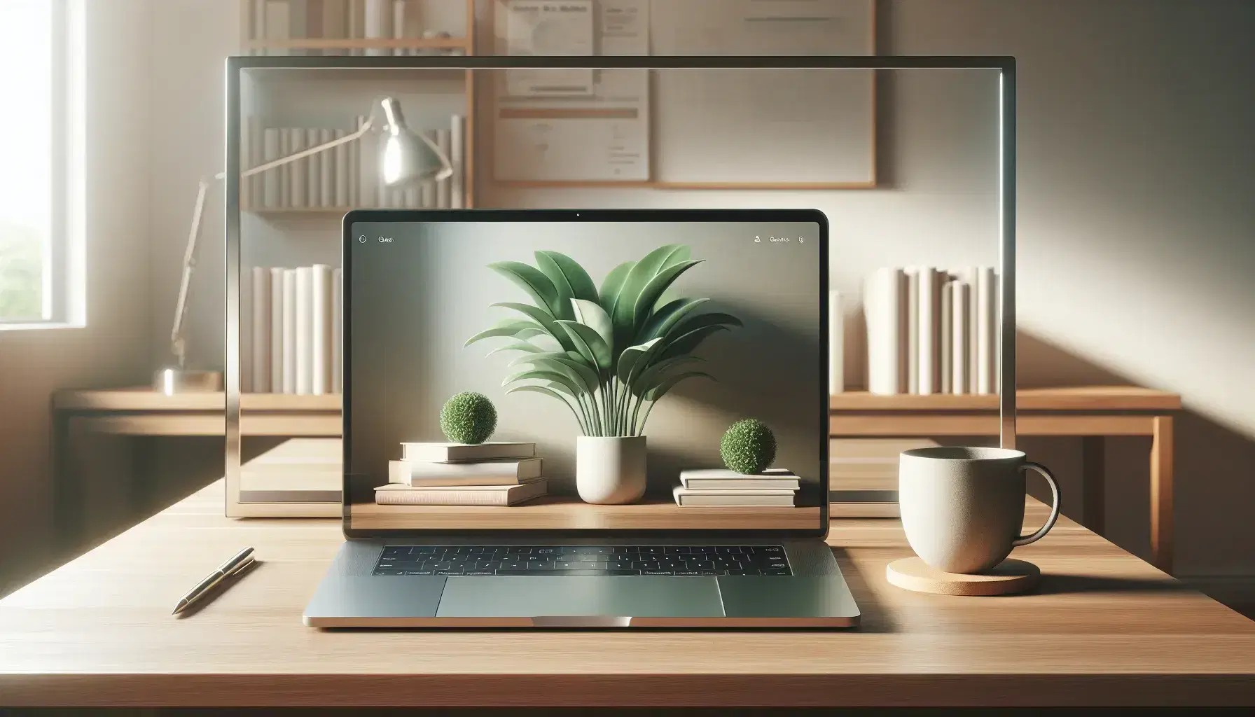 Tidy workspace with modern laptop, green plant, cup of coffee and glass whiteboard on wooden desk, blurred background with bookcase.