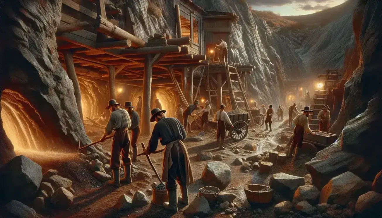 Escena de mina colonial con hombres trabajando con picos y palas en terreno rocoso, entrada de mina con carros de madera y mineral, bajo cielo diurno.